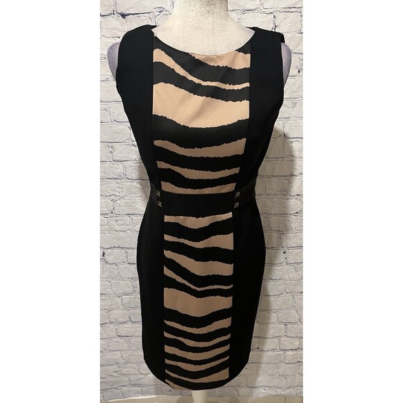 Tahari Arthur S. Levin Black Tan Animal Print Sheath Sleeveless Size Dress 4 - Picture 1 of 8